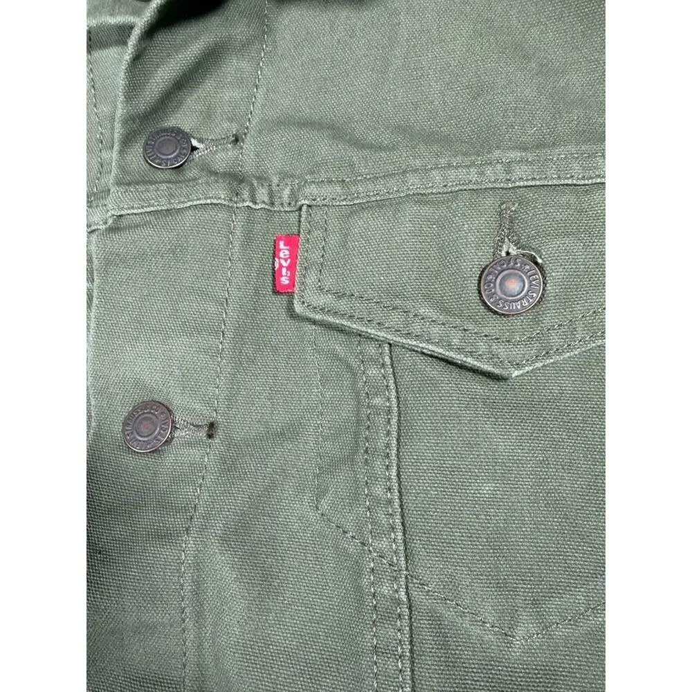 Levi’s Men’s Medium Olive Green Canvas Trucker Jacket Workwear Faded